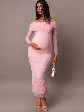 SHEIN Pink Off-Shoulder Ruched Maternity Midi Dress